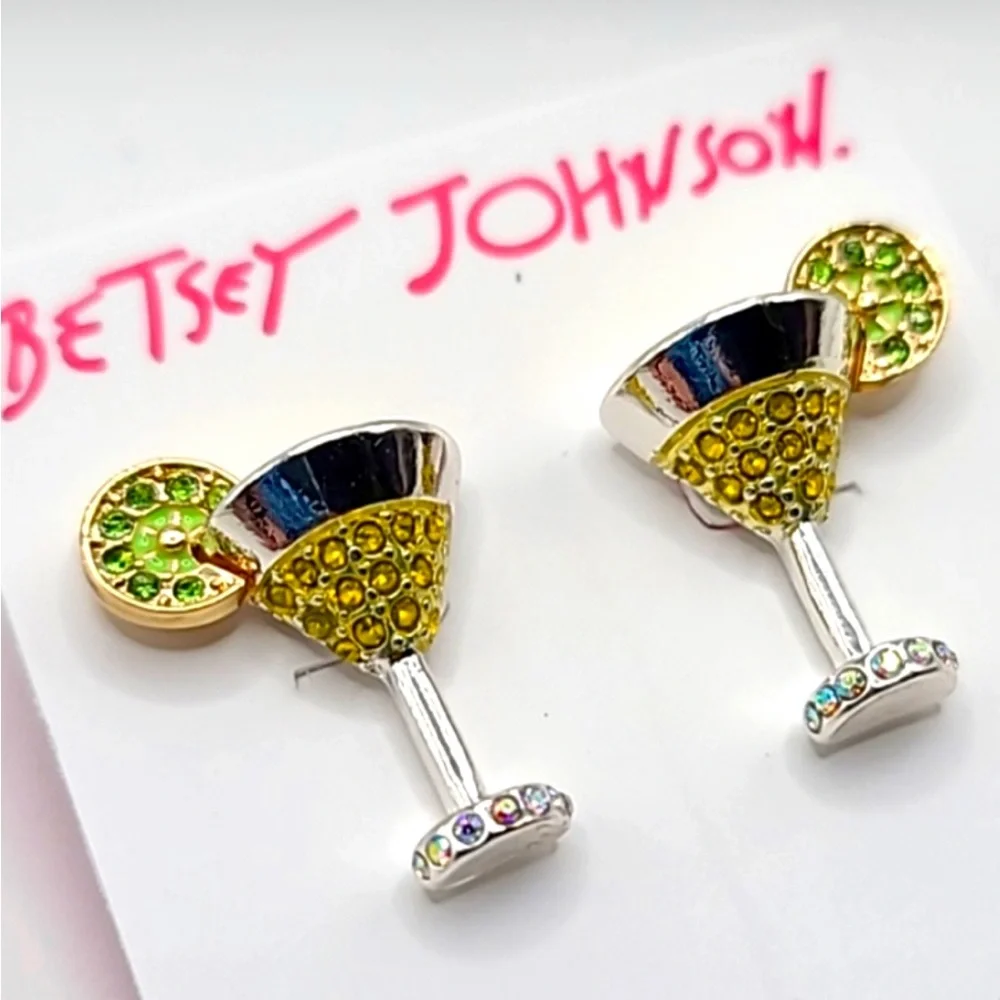 Fun, Summer, Martini Stud Earrings, Betsy J., Silver-tone,Sparkle Crystals, NWT - Picture 5 of 11